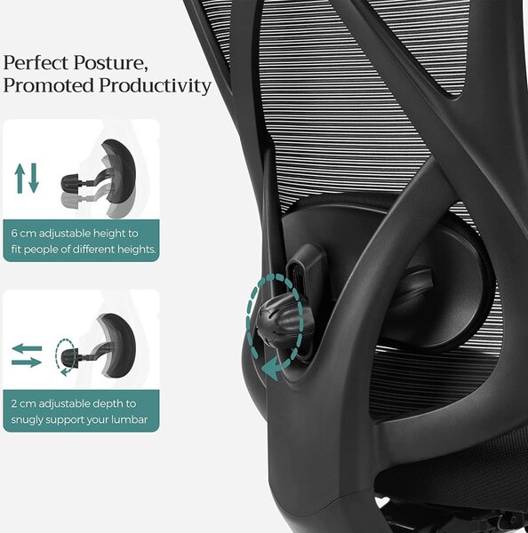 SONGMICS OBN063B01 Ergonomikus Irodai Szék Hálós Háttámlával Állítható Deréktámasszal és Fejtámlával Fekete