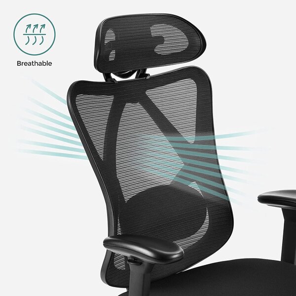 SONGMICS OBN063B01 Ergonomikus Irodai Szék Hálós Háttámlával Állítható Deréktámasszal és Fejtámlával Fekete