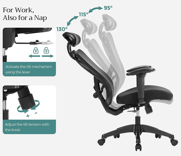 SONGMICS OBN063B01 Ergonomikus Irodai Szék Hálós Háttámlával Állítható Deréktámasszal és Fejtámlával Fekete