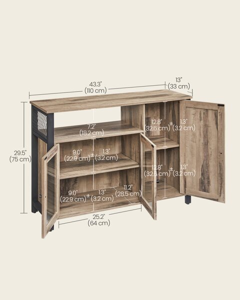 VASAGLE tárolószekrény 3 ajtós komód ipari stílusú tevebarna és fekete 33 x 110 x 75 cm