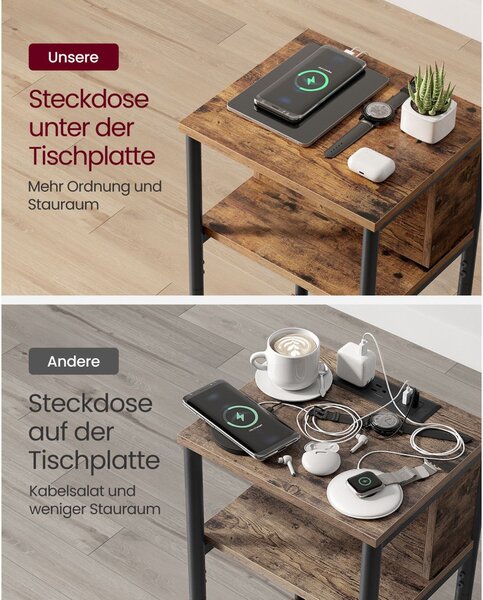 VASAGLE Oldalsó Asztal Éjjeliszekrény Beépített Aljzattal 2 AC és 2 USB Porttal Vintage Barna Fekete