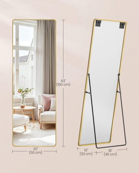 SONGMICS teljes alakos tükör 160 x 50 cm alumínium ötvözet kerettel edzett üveggel halvány arany