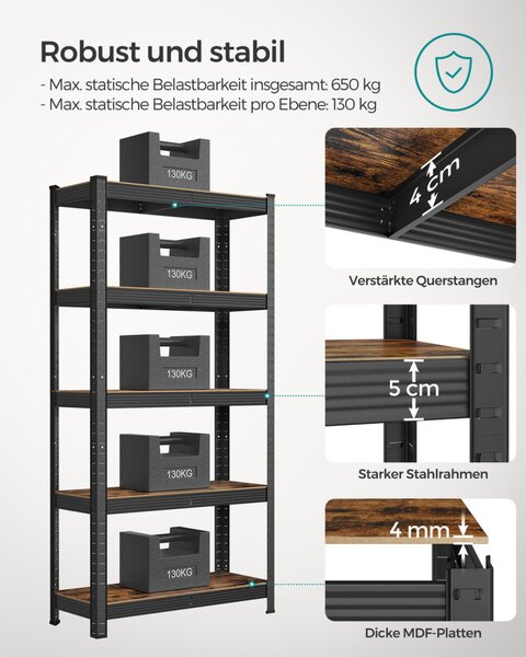 SONGMICS GLR030B01 ipari polcrendszer MDF rusztikus barna és fekete állítható tárolópolcokkal