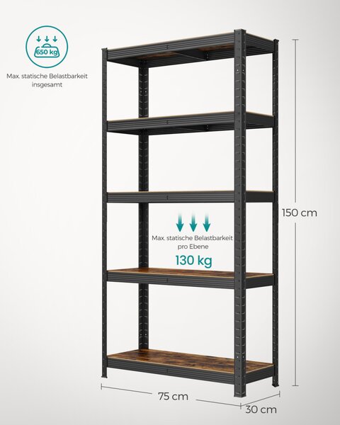 SONGMICS GLR030B01 ipari polcrendszer MDF rusztikus barna és fekete állítható tárolópolcokkal