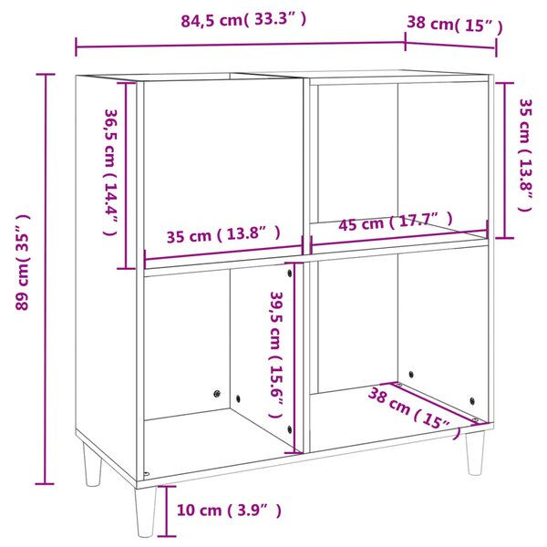 Betonszürke szerelt fa hanglemezszekrény 84,5 x 38 x 89 cm