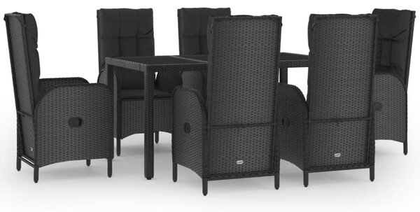 7 részes fekete és szürke polyrattan kerti étkezőszett párnával