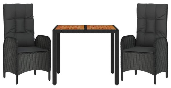 3 részes fekete polyrattan kerti étkezőgarnitúra párnákkal