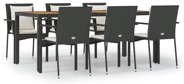 7 részes fekete polyrattan kerti étkezőgarnitúra párnával