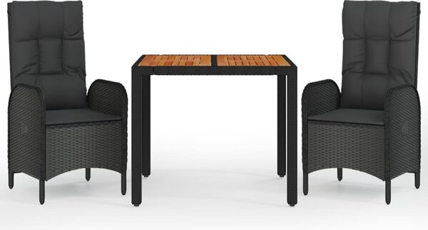 3 részes fekete polyrattan kerti étkezőgarnitúra párnákkal