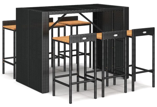 7 részes fekete polyrattan és tömör akácfa kerti bárszett