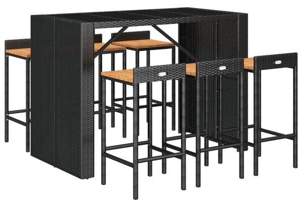 7 részes fekete polyrattan és tömör akácfa kerti bárszett