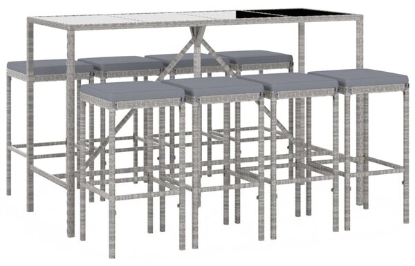 9 részes szürke polyrattan kerti bárszett párnával