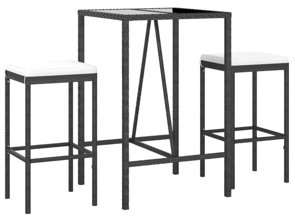 3 részes fekete polyrattan kerti bárszett párnával