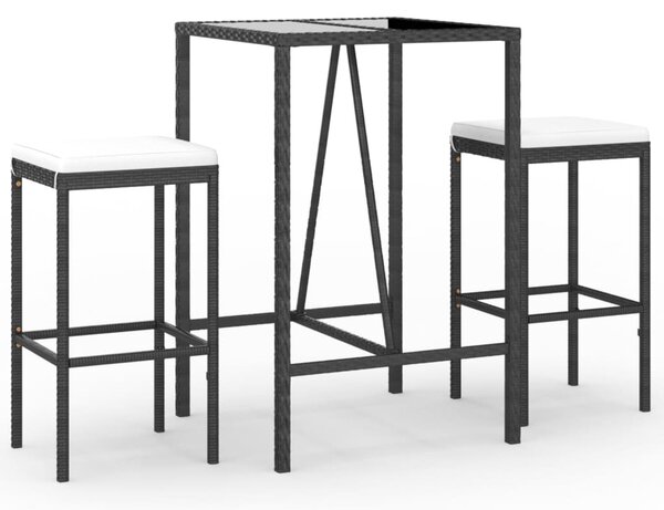 3 részes fekete polyrattan kerti bárszett párnával