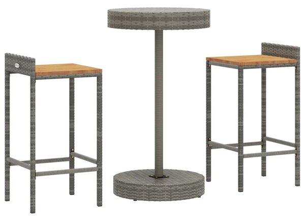3 részes szürke polyrattan és tömör akácfa kerti bárszett