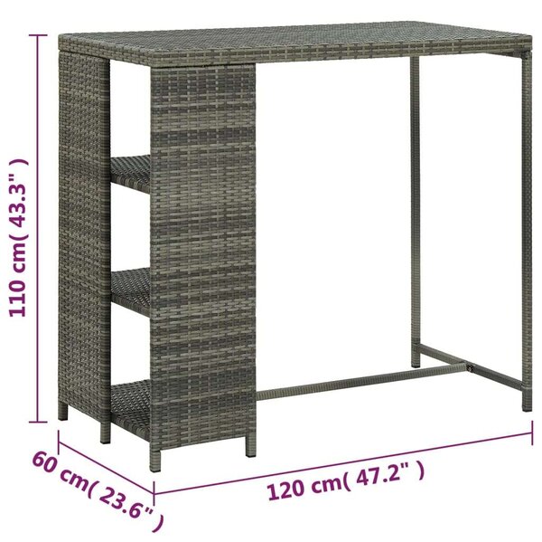 VidaXL szürke polyrattan bárasztal tárolópolccal 120 x 60 x 110 cm