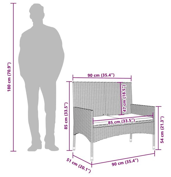 Fekete 2 személyes polyrattan kerti pad párnával