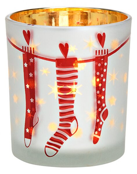 Üveg gyertyatartó CHRISTMAS STOCKING 10 cm fehér