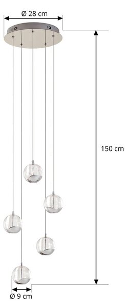 Lucande LED-es függőlámpa Hayley, Ø 30 cm, 5 lámpás, króm, üveg, Tiszta / átlátszó, Nappali / Étkező, Üveg, Modern