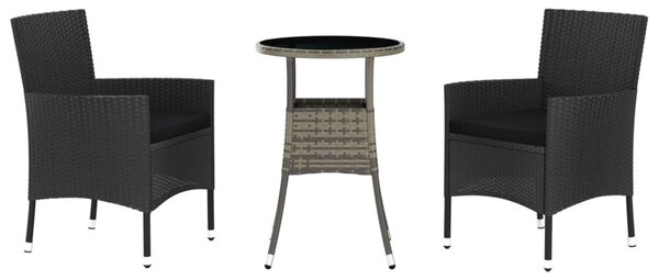 3 részes fekete polyrattan kerti bisztrógarnitúra párnákkal