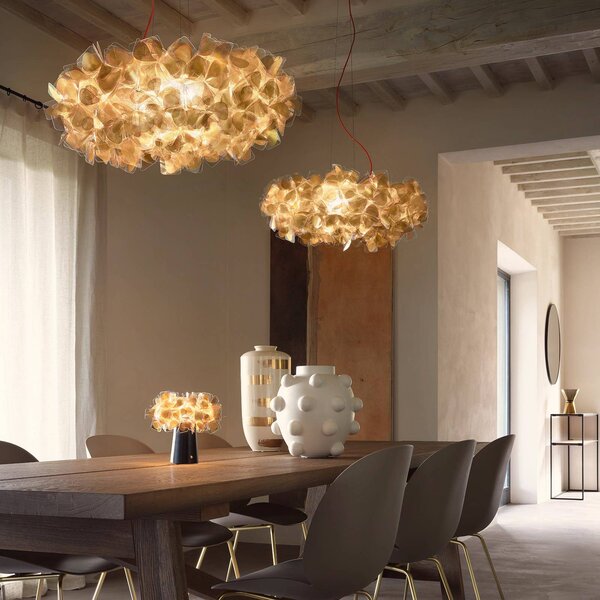 Slamp Clizia Mama Non lógó világítás, Ø 78 cm, arany/átlátszó, dimmelhető, Sárgaréz / arany, Nappali / Étkező, Műanyag, Dizájn