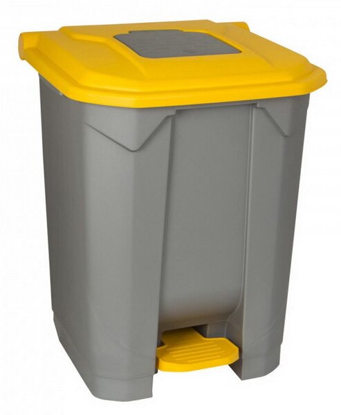 Szelektív hulladékgyűjtő konténer, műanyag, pedálos, fém színű, sárga, 50L