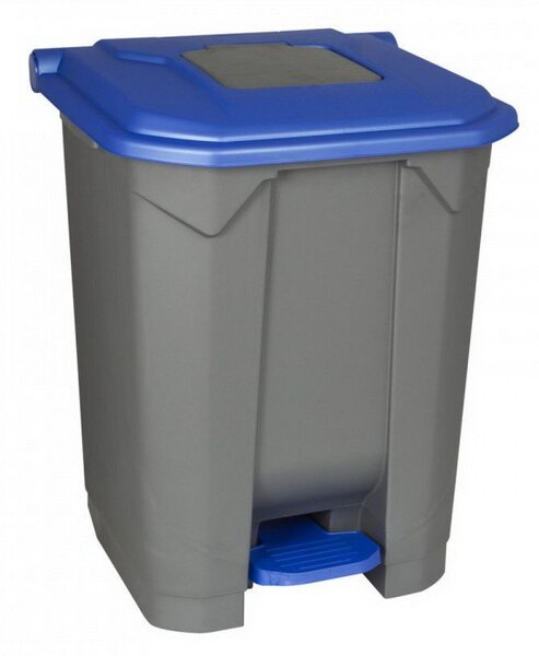 Szelektív hulladékgyűjtő konténer, műanyag, pedálos, fém színű, kék, 50L