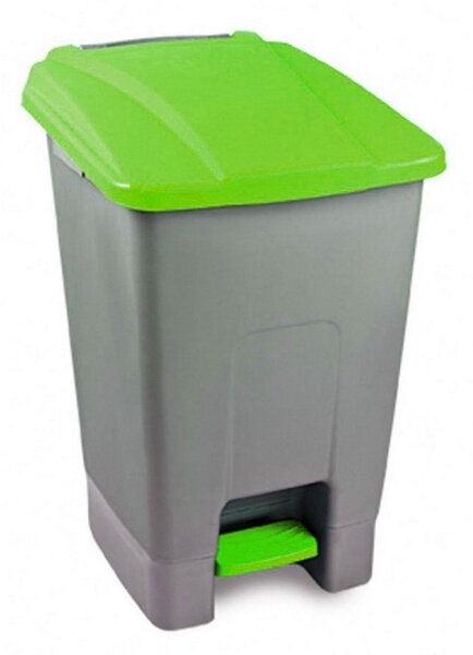 Szelektív hulladékgyűjtő konténer, műanyag, pedálos, fém színű/zöld, 70L