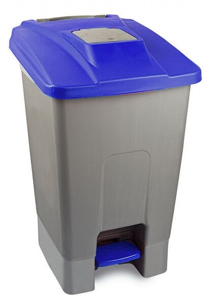 Szelektív hulladékgyűjtő konténer, műanyag, pedálos, fém színű, kék, 100L