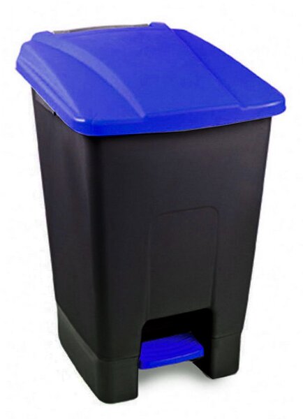 Szelektív hulladékgyűjtő konténer, műanyag, pedálos, fekete/kék, 70L