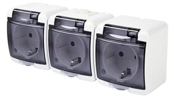 GAO 22131 3 férőhelyes földelt aljzat, kültéri IP44 kivitel, 230 V~ / 50 Hz / 16 A, fehér-füst