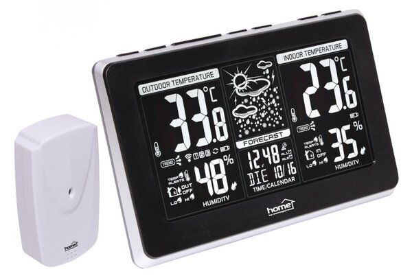 HOME HCW 25 időjárás-állomás külső jeladóval, negatív, fehér LCD kijelző, beltéri hőmérséklet és páratartalom, digitális óra, naptár