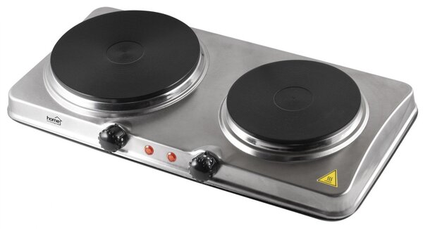 HOME HG R 04SS hordozható elektromos főzőlap, dupla, teljesítmény 1000 W + 1500 W, ∅15 cm + ∅18 cm főzőfelület, rozsdamentes készülékház
