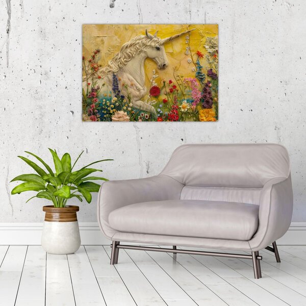 Kép - Egyszarvú virágokkal (70x50 cm)