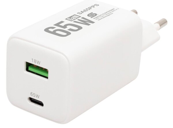 HOME SA65PPS USB hálózati szupergyors töltő, 65Watt, 2in1: USB-A + USB-C aljzat, QC + PD + PPS gyorstöltés, GaN technológia