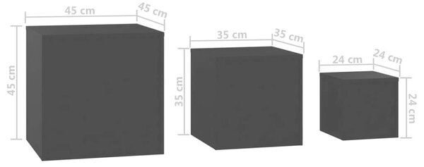3 db Fekete Kocka Asztalgarnitúra - 45x45x45, 35x35x35, 24x24x24 cm