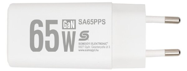 HOME SA65PPS USB hálózati szupergyors töltő, 65Watt, 2in1: USB-A + USB-C aljzat, QC + PD + PPS gyorstöltés, GaN technológia
