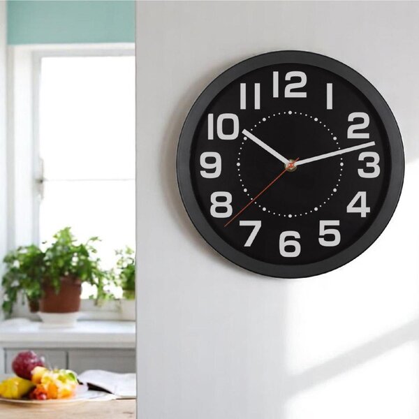 HOME AWC250BK fali óra, üveg előlap, kontrasztos, jól leolvasható számlap, 1xAA elem tápellátás, átmérő 250mm