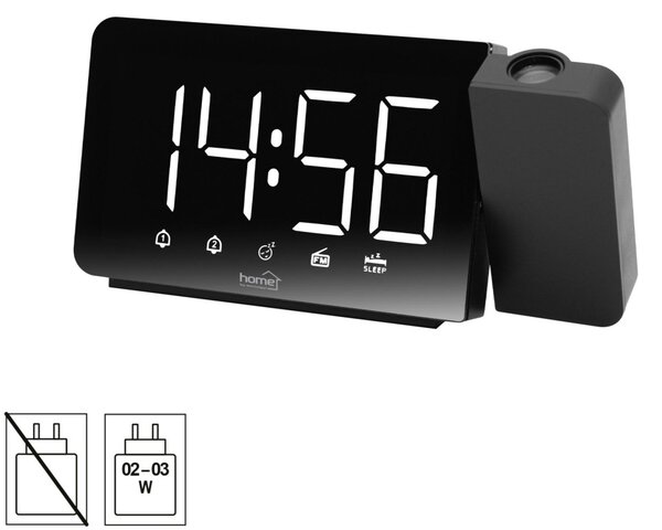 HOME LTCRP03 rádiós LED ébresztőóra projektorral, változtatható fényerő, körbe forgatható vetítési pozíció, két ébresztési idő, FM rádió, bip-bip vagy rádiós ébresztés