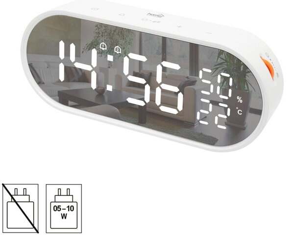 HOME LTC06 ébresztőóra, USB töltőkimenet, fehér kijelző, két ébresztési időpont, hőmérséklet és páratartalom mérés