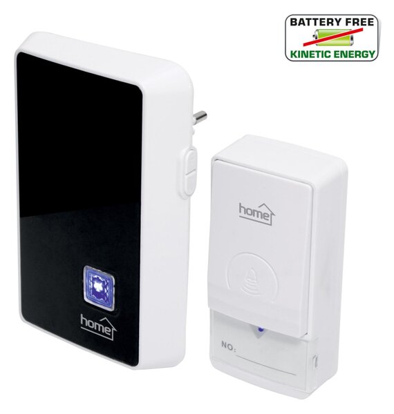 HOME DBK1010AC vezeték nélküli csengő, elem nélküli, 100m hatótáv, 20 dallam, 3-fokozatú hangerő, kék LED, kinetikus nyomógomb, 230V-os tápellátás