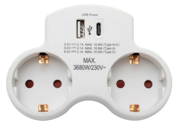 HOME TPF2USBC USBC hálózati töltő, 2.1A, max. 3680 W, 2 db földelt hálózati aljzat gyermekvédő zsaluval