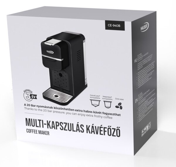 HAUSER CE-940B multifunkciós kávéfőző, Nespresso és Dolce Gusto kompatibilis, 1350 W, max. 20 bar nyomás, 0,9 Literes víztartály, fekete