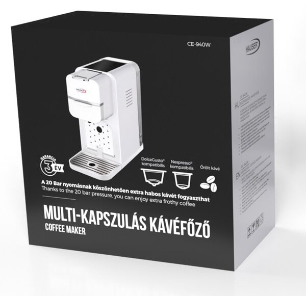 HAUSER CE-940W multifunkciós kávéfőző, Nespresso és Dolce Gusto kompatibilis, 1350 W, max. 20 bar nyomás, 0,9 Literes víztartály, fehér