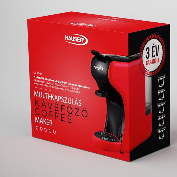 HAUSER CE-934R multifunkciós kávéfőző, 1450 W, max. 20 Bar nyomás, Nespresso és Dolce Gusto kapszula, piros