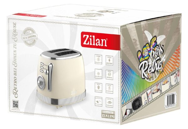 Zilan ZLN1191 retró kenyérpirító, 850 W, 6 fokozat, 2 szeletes, STOP funkció, morzsatálca, bézs
