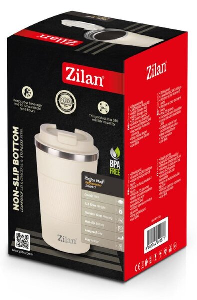 Zilan ZLN9877 pohár termosz, 380 ml űrtartalom, rozsdamentes acél belső, dupla falú, krémszínű