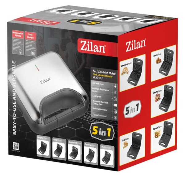 Zilan ZLN3932 5 in 1 szendvicssütő, 800 W, LED visszajelző, 5 cserélhető sütőlap, fekete-ezüst kivitel