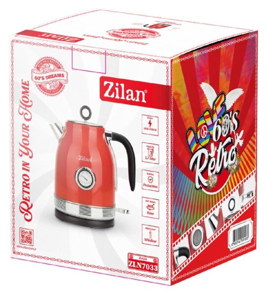 Zilan ZLN7033 retró vízforraló, 2200 W, 1,7 liter, hőmérsékletkijelzés, 360°-ban forgatható, piros