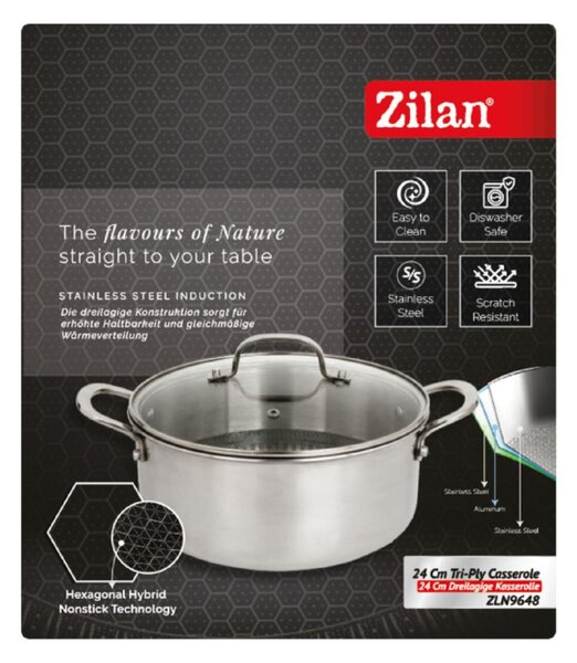 Zilan ZLN9648 Hexachef lábas fedővel, 24 cm, 4,3 liter, 3 rétegű, hatszögletű hibrid tapadásmentes belső